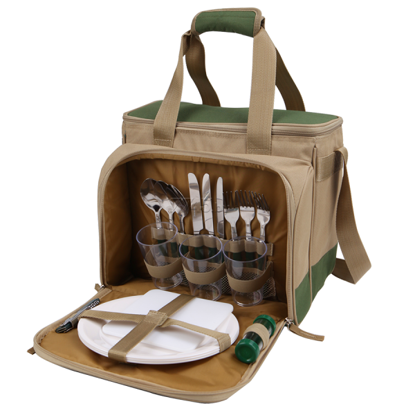 Сумка-холодильник Арктика с набором посуды 4100-3 пикниковый набор (3 чел), зелёный с рисунком